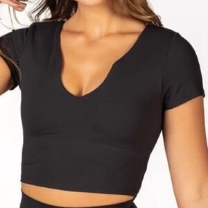 Cropped short sleeve tee with notch neckline
